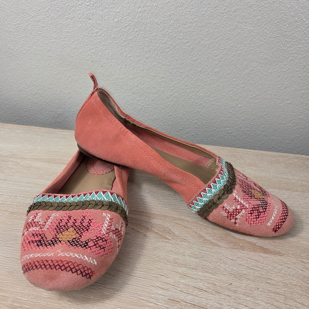 Latigo Bess Embroidered Suede Ballet Flats Coral Pink Women's 9M Boho